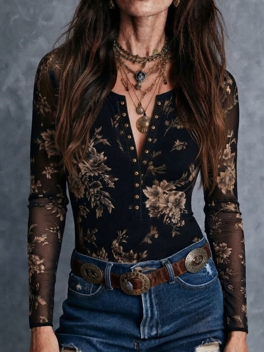Boho Retro Floral Print Henley Button‑Front Sheer Mesh Blouse