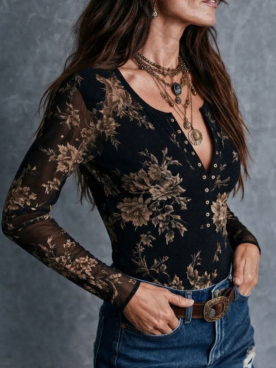 Boho Retro Floral Print Henley Button‑Front Sheer Mesh Blouse