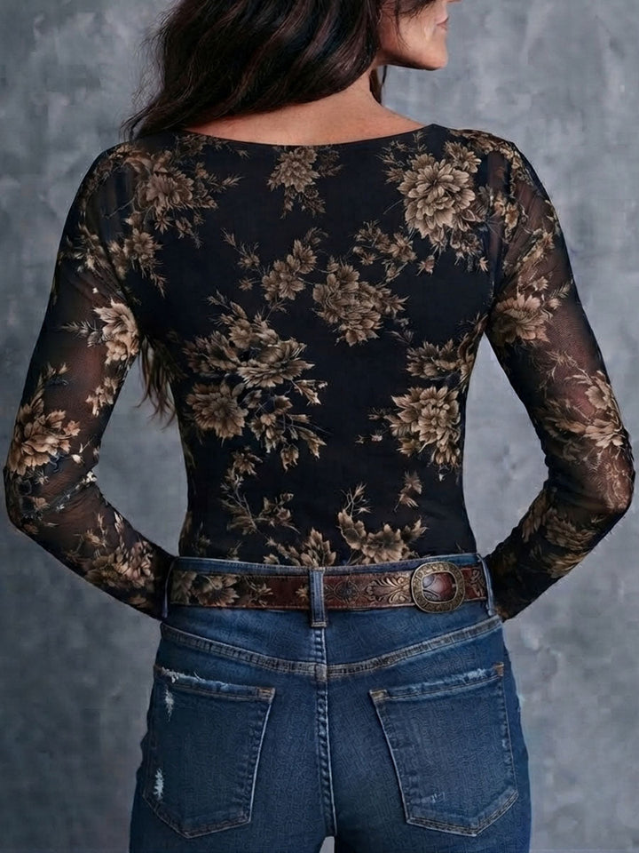 Boho Retro Floral Print Henley Button‑Front Sheer Mesh Blouse