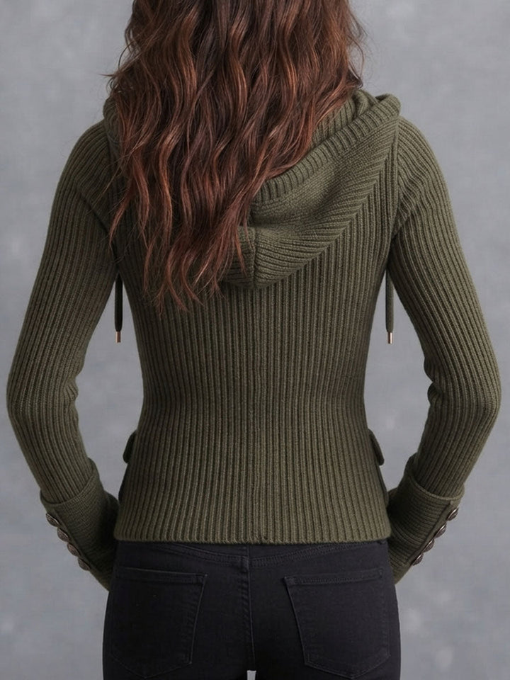 Boho Retro Hooded Rib Knit Jacket With Decorative Metal Buttons