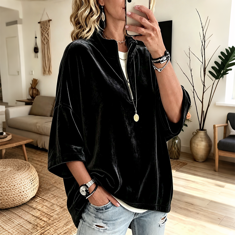 Velvet Oversized Pullover Half Zip 3/4 Sleeve
