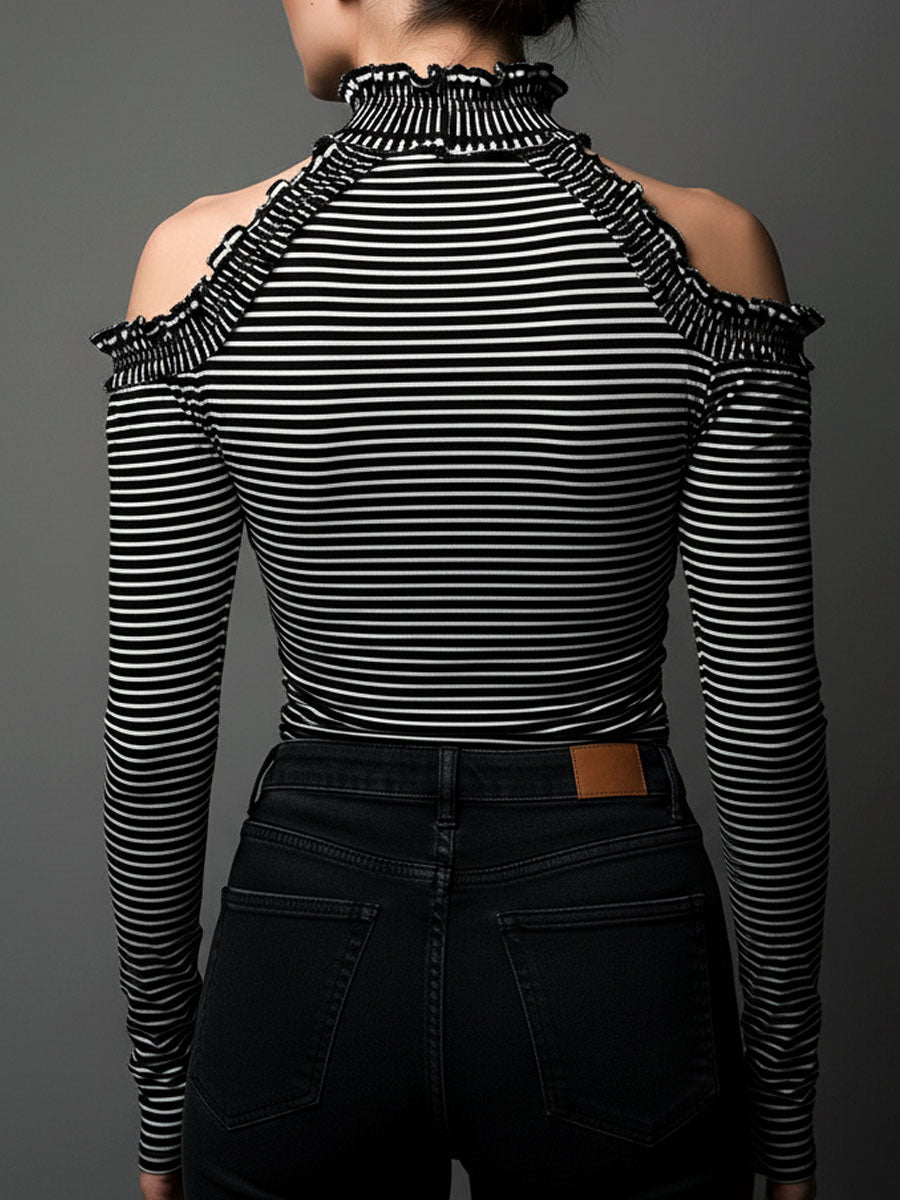 Classic High Neck Striped Cold-Shoulder Ruched Top