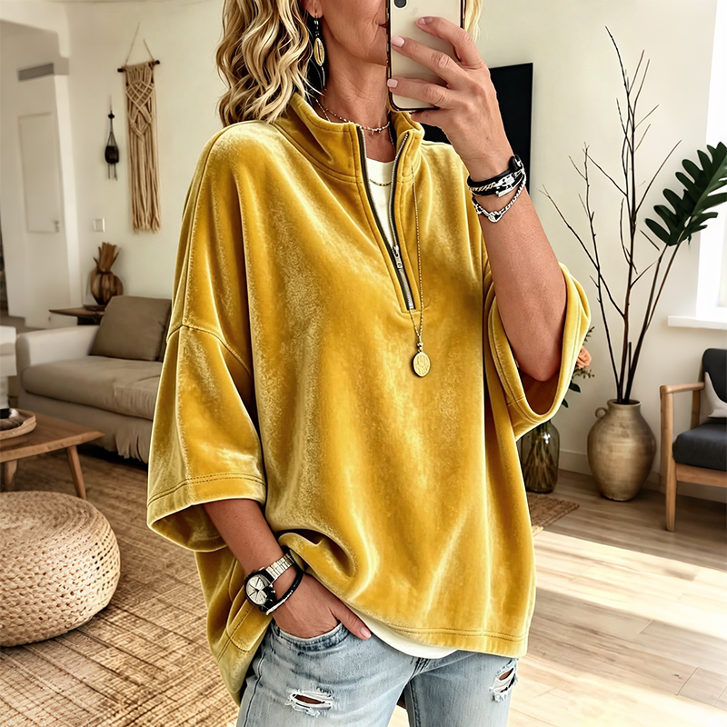 Velvet Oversized Pullover Half Zip 3/4 Sleeve