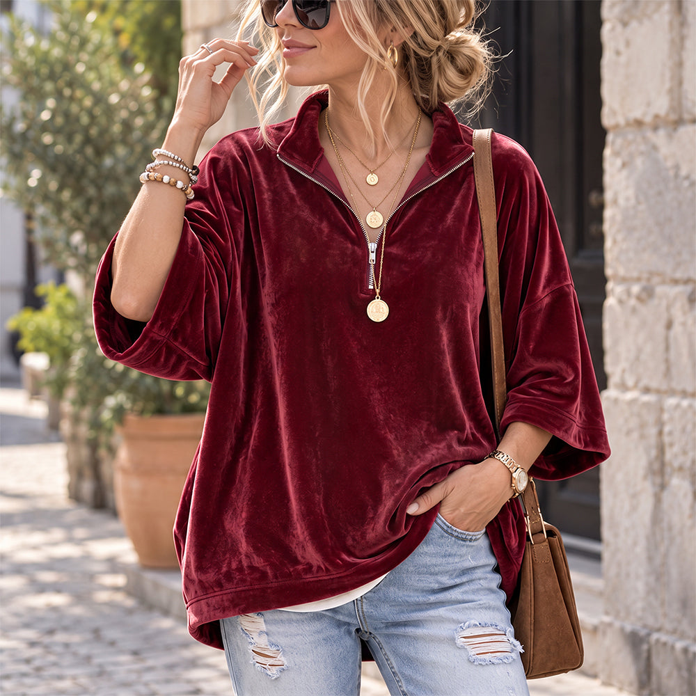 Velvet Oversized Pullover Half Zip 3/4 Sleeve