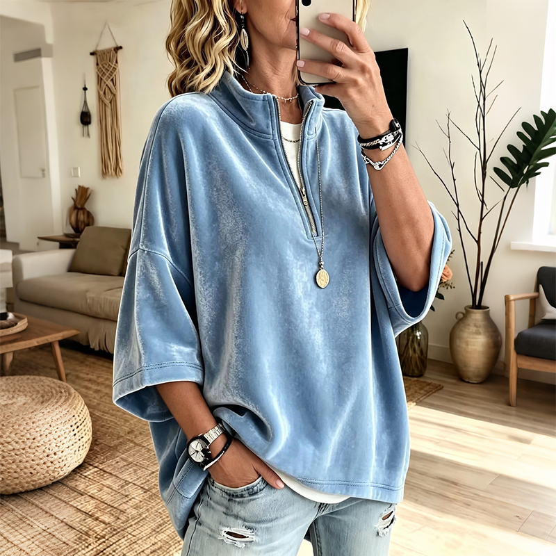Velvet Oversized Pullover Half Zip 3/4 Sleeve