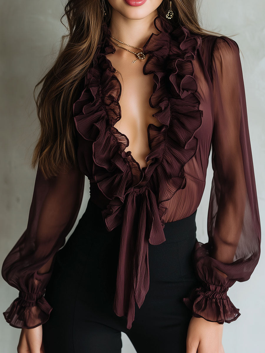 Retro Plum Sheer Ruffled Tie-Front Chiffon Blouse