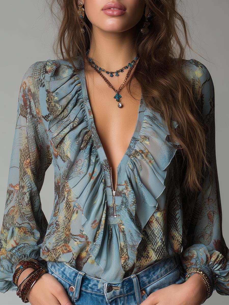 Printed Ruffled Zip-Front Chiffon Blouse – Mist Blue Snake Floral