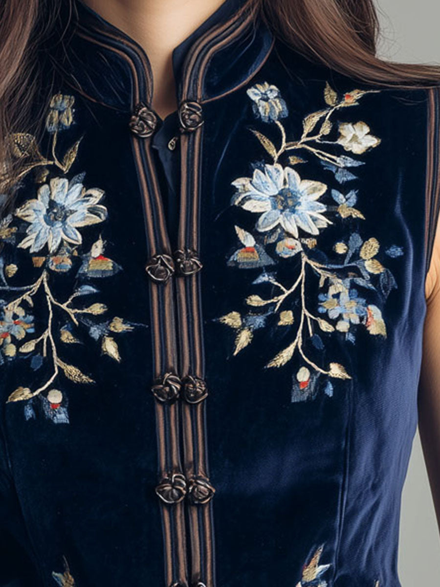 Boho Mandarin Collar Navy Velvet Embroidered Vest