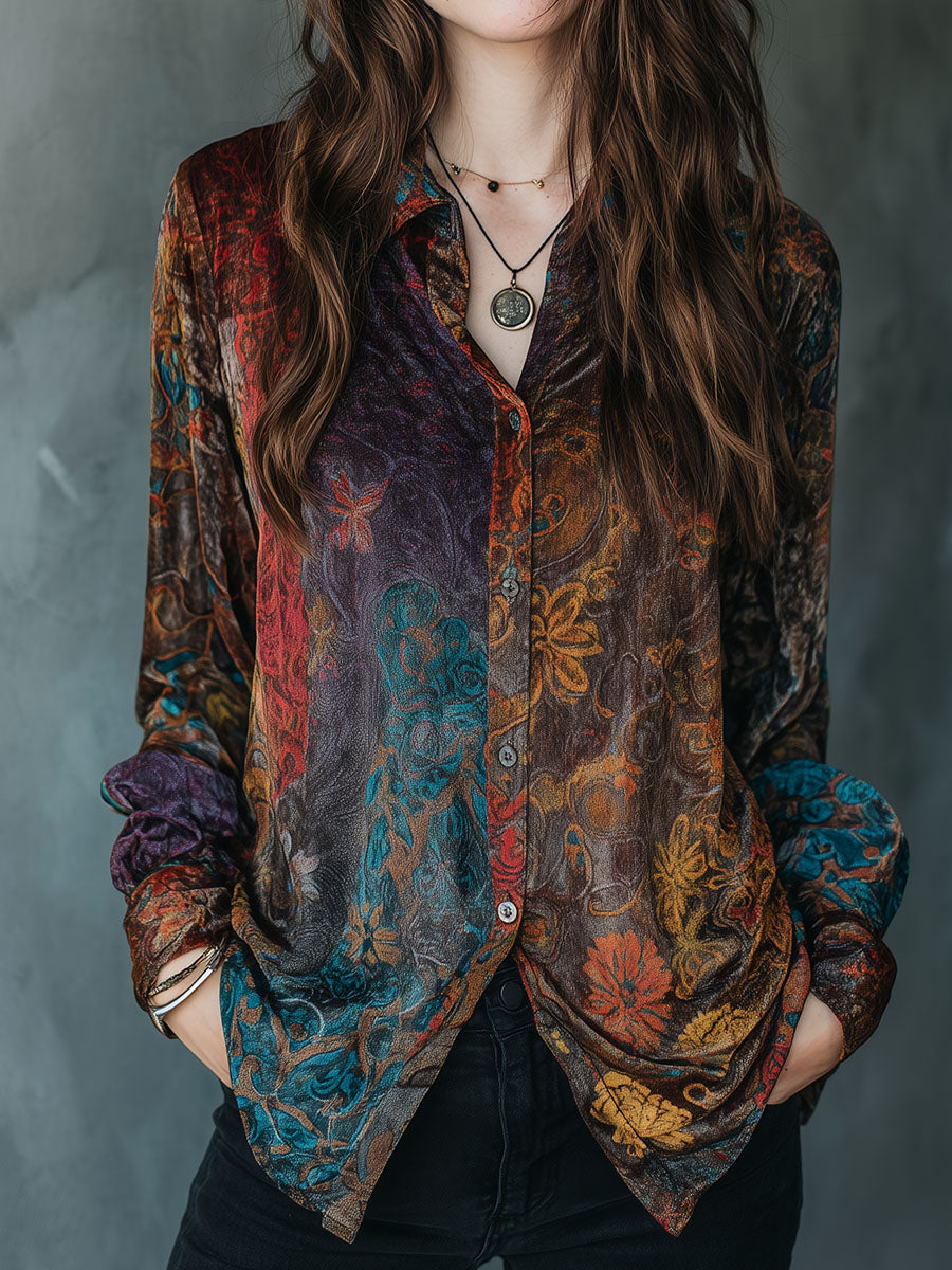 Boho Floral Print Velvet Long Sleeve Button Down Shirt