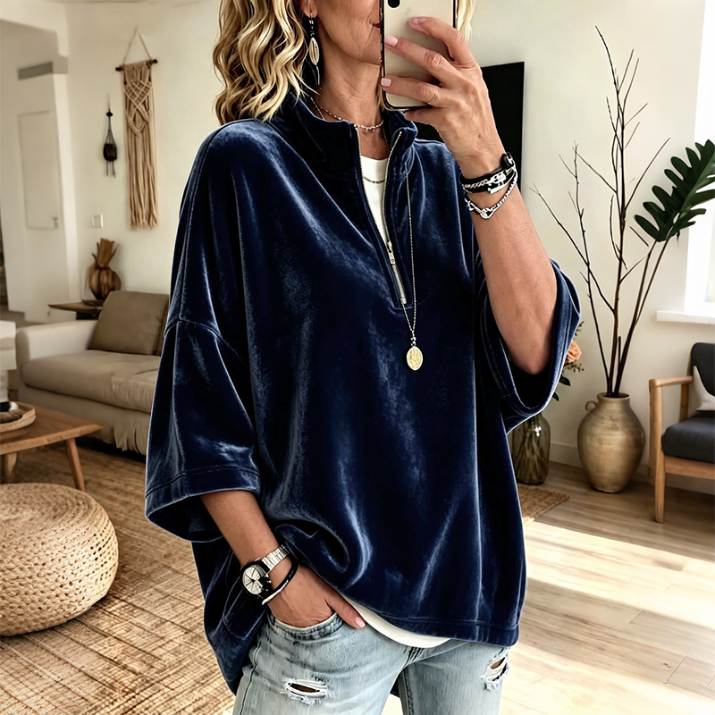 Velvet Oversized Pullover Half Zip 3/4 Sleeve