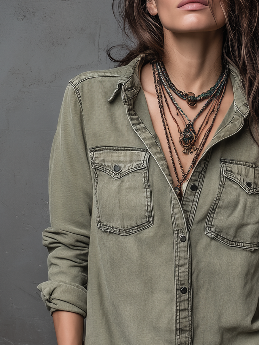 Vintage Pockets Long Sleeve Washed Blouse