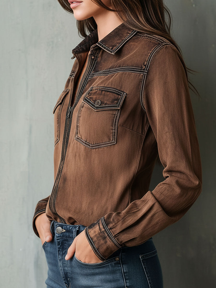 Vintage Brown Washed Contrast Stitching Utility Zip Shirt Jacket