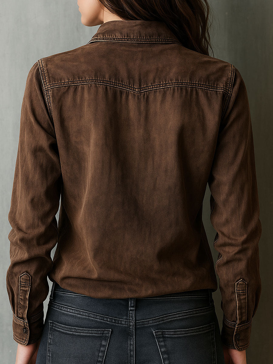 Vintage Brown Washed Contrast Stitching Utility Zip Shirt Jacket