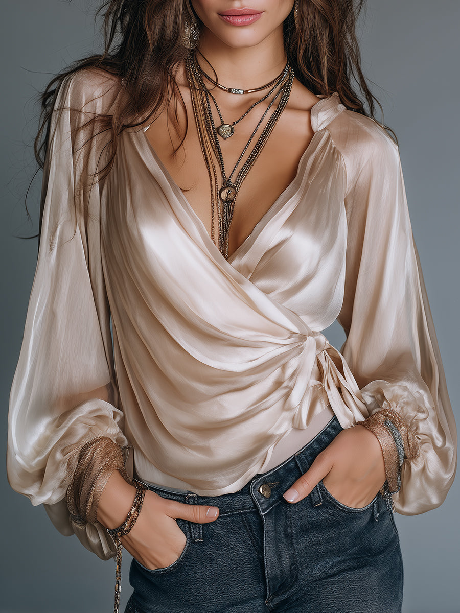 Elegant Satin Wrap Blouse With Side Ties