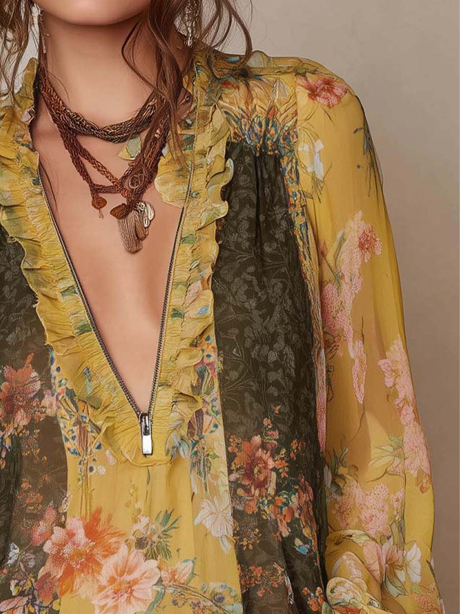 Zip-Front Ruffled Floral Chiffon Blouse