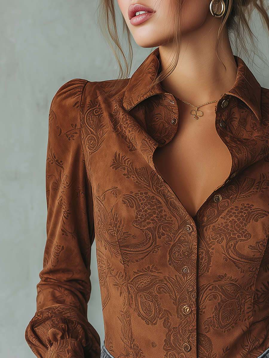 Retro Paisley Eco-friendly Suede Long-sleeved Blouse