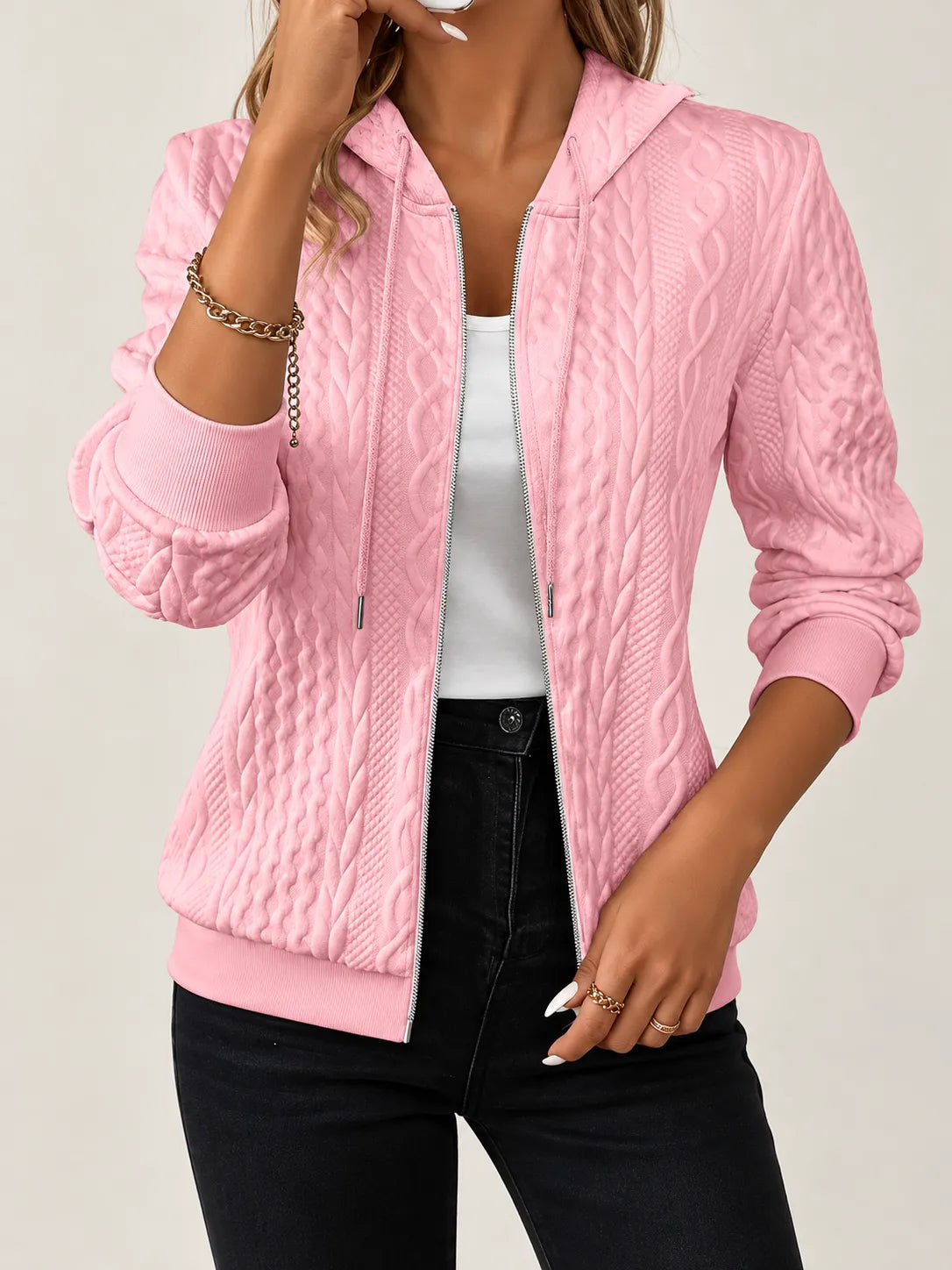 Amara | Textured Cable-Knit Zip-Up Hoodie