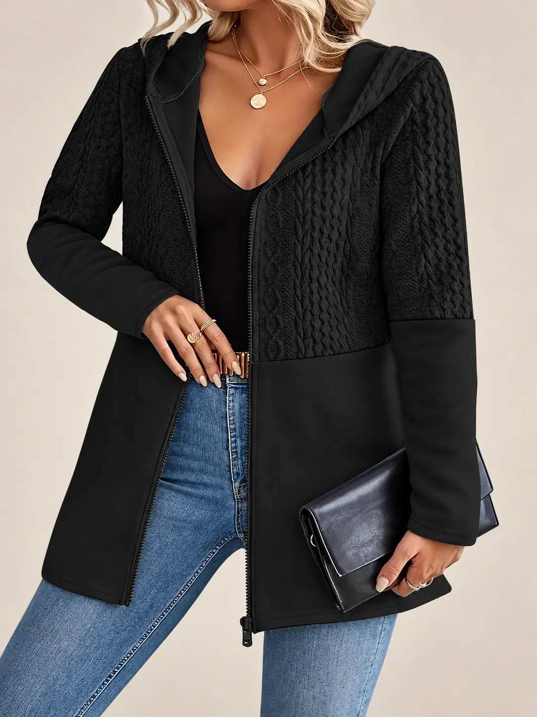 Adeline | Cable-Knit Textured Hooded Jacket