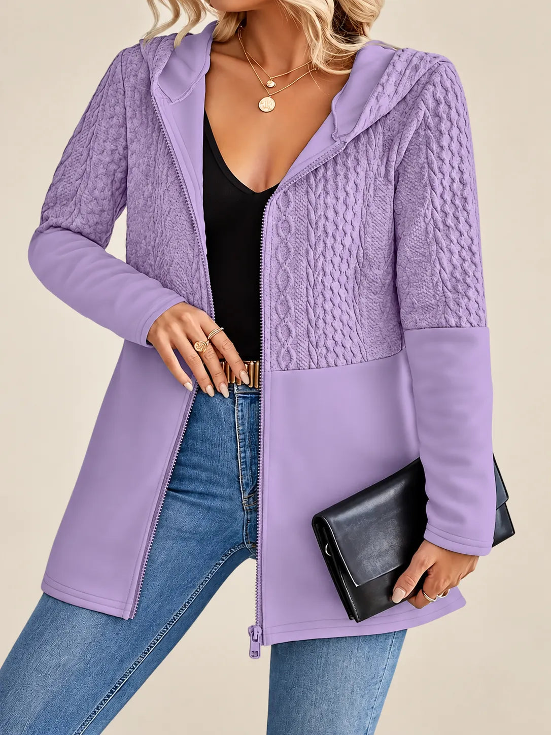 Adeline | Cable-Knit Textured Hooded Jacket