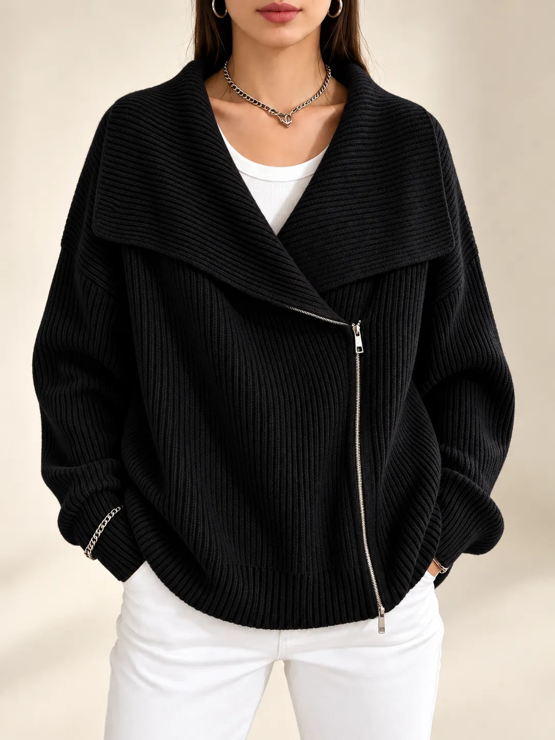 Vivienne | Oversized Collar Ribbed Knit Cardigan