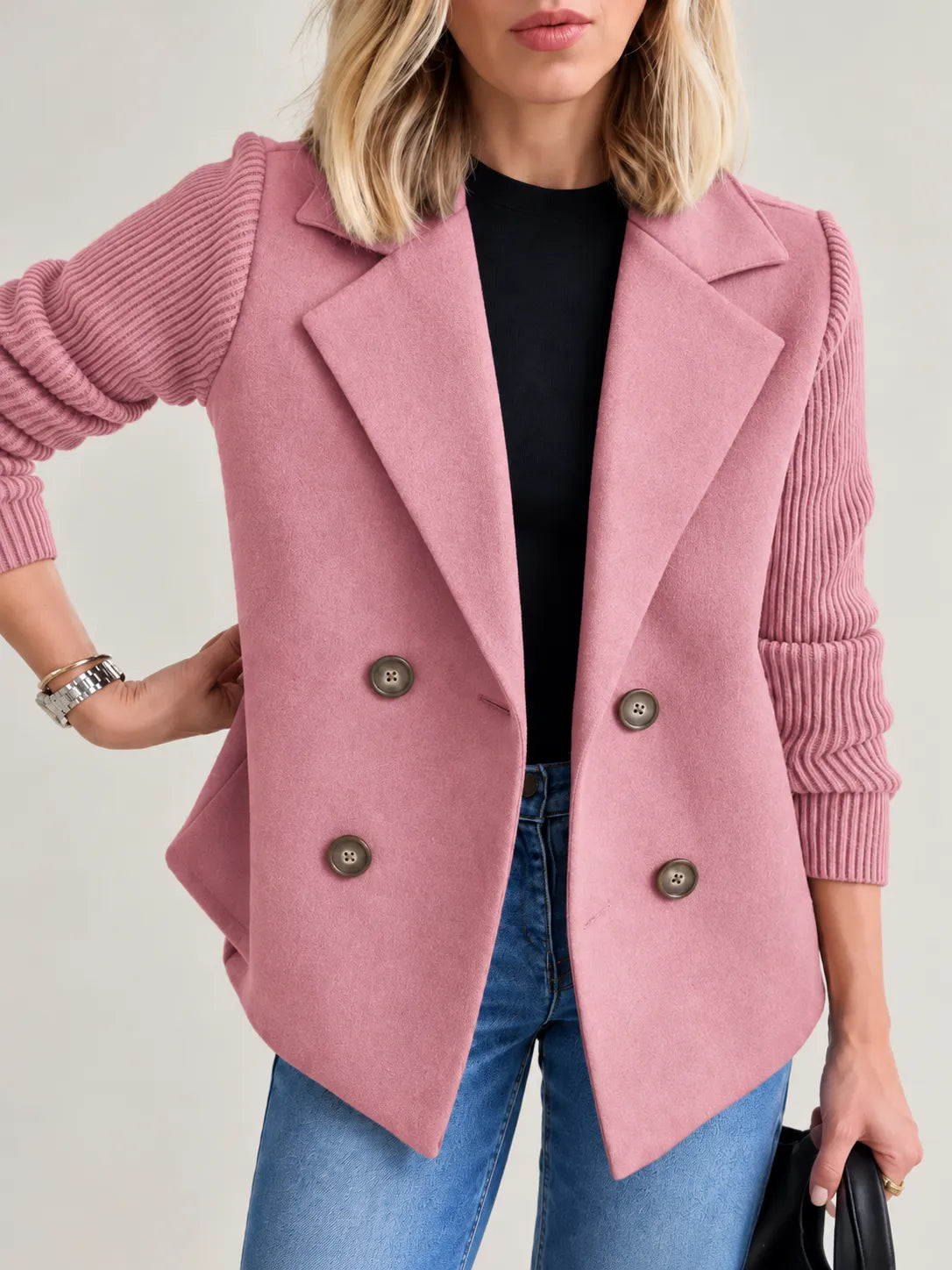 Celeste | Elegant Ribbed-Sleeve Double-Breasted Jacket