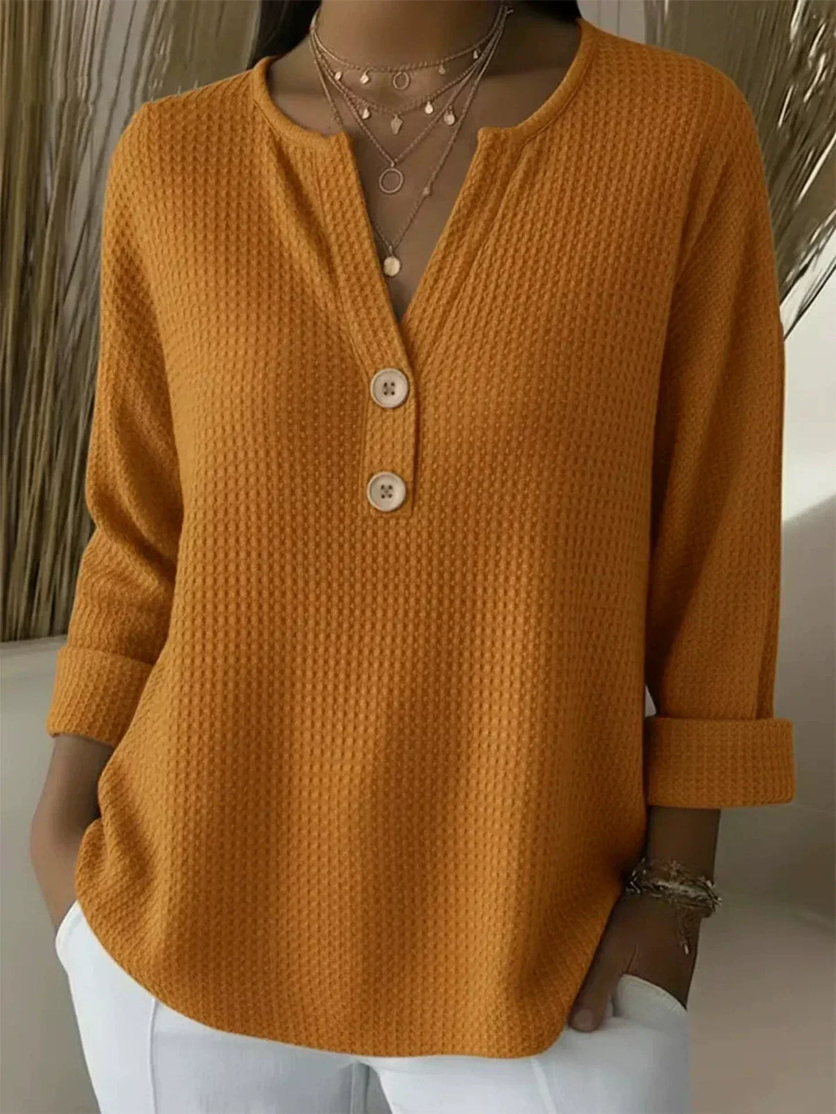 Lucía | Waffle Knit Henley Button Top