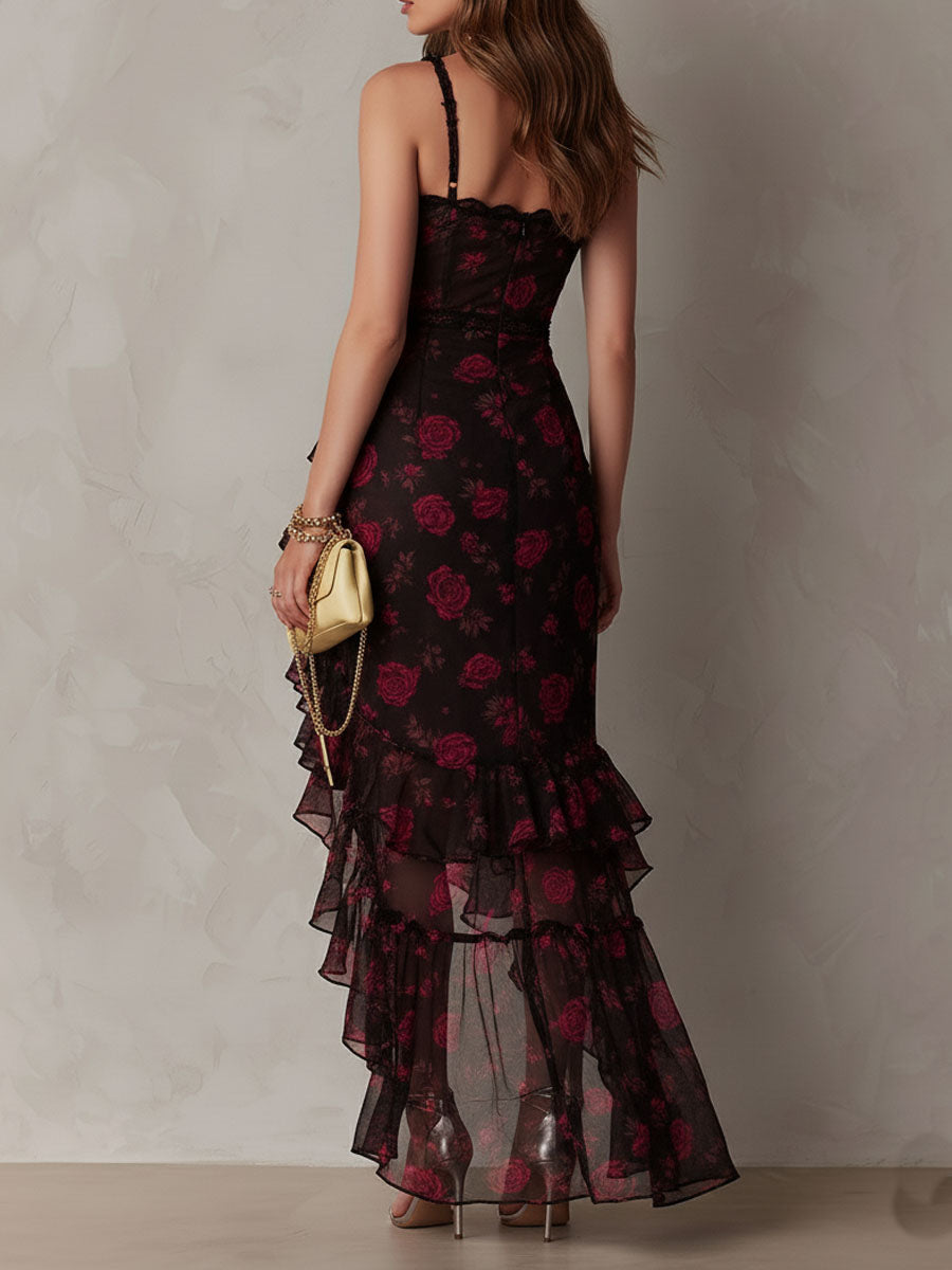 Lowe | Floral Ruched Ruffle Hem Midi Dress for Women