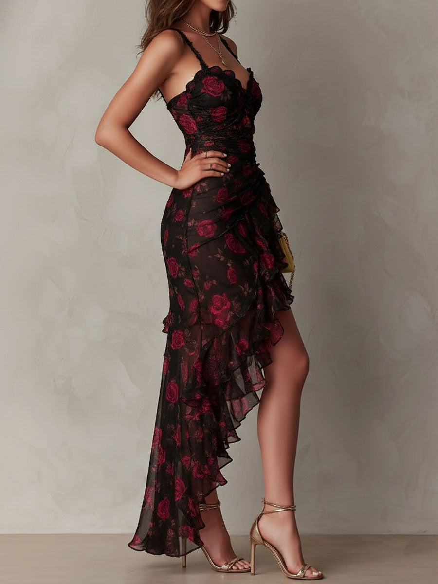 Lowe | Floral Ruched Ruffle Hem Midi Dress for Women