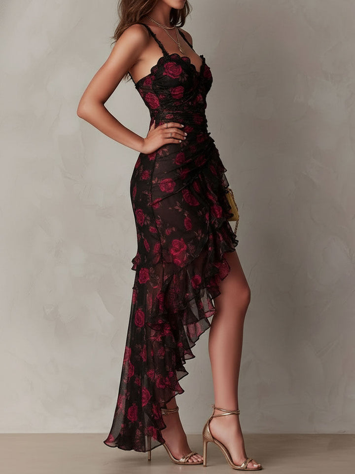 Lowe | Floral Ruched Ruffle Hem Midi Dress for Women