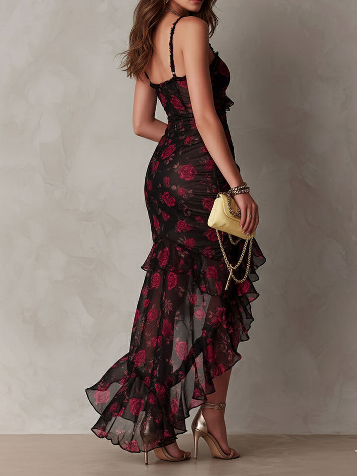 Lowe | Floral Ruched Ruffle Hem Midi Dress for Women