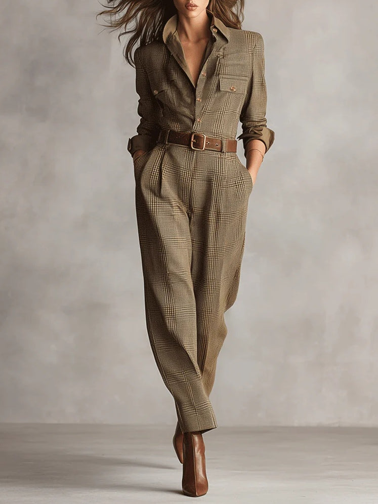 Rowena™ Brown Tweed Plaid Utility Jumpsuit