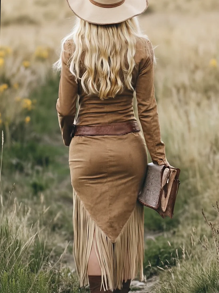 Vintage Western Lapel Zipper Tassel Midi Dress(Without belt)