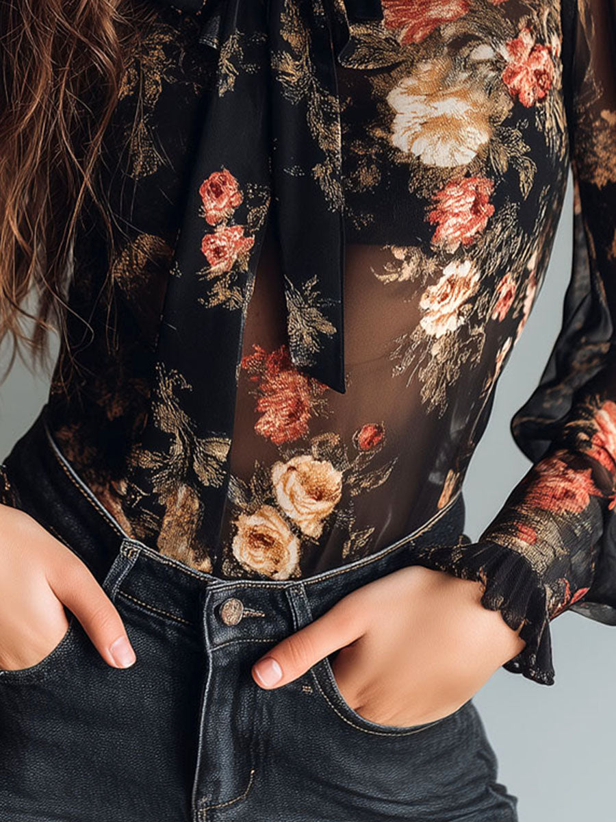 Vintage Black Sheer Chiffon Floral Tie Neck Blouse