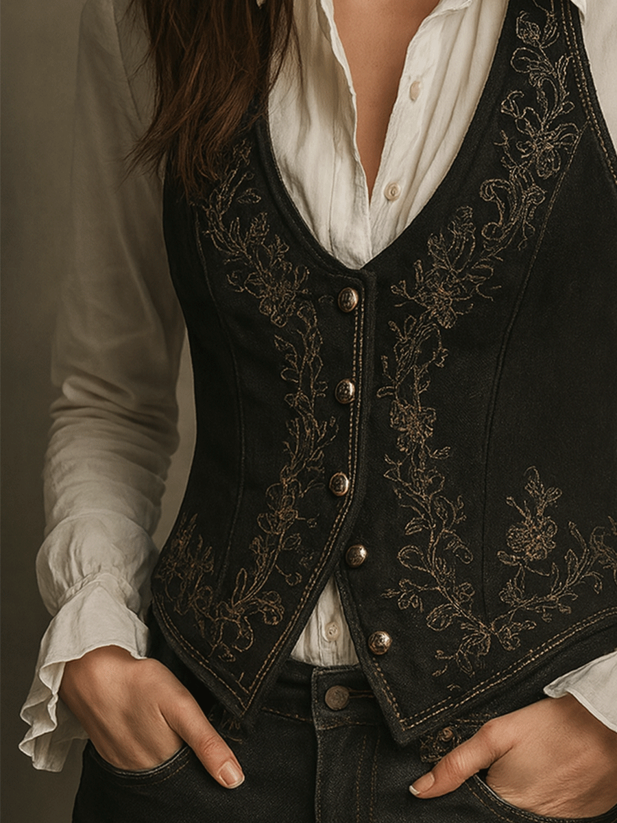 Boho Black Embroidered Velvet Waistcoat