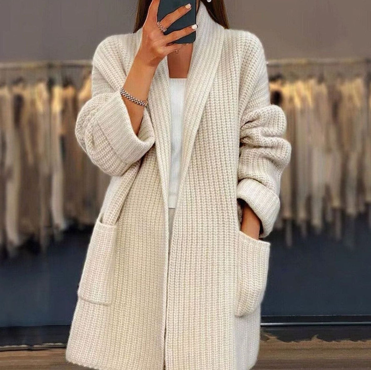 Avery | Ribbed Knit Long Cardigan with Pockets for Women