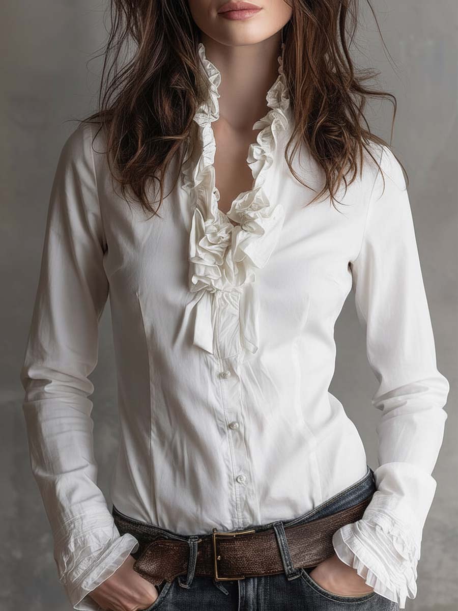 Vintage-Inspired White Ruffle Trim Blouse
