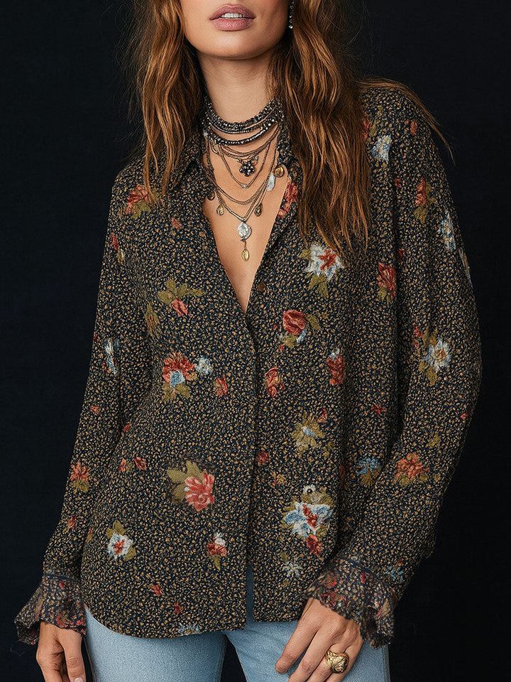 Retro Floral Print Curved Hem Ruffled Sleeves Blouse