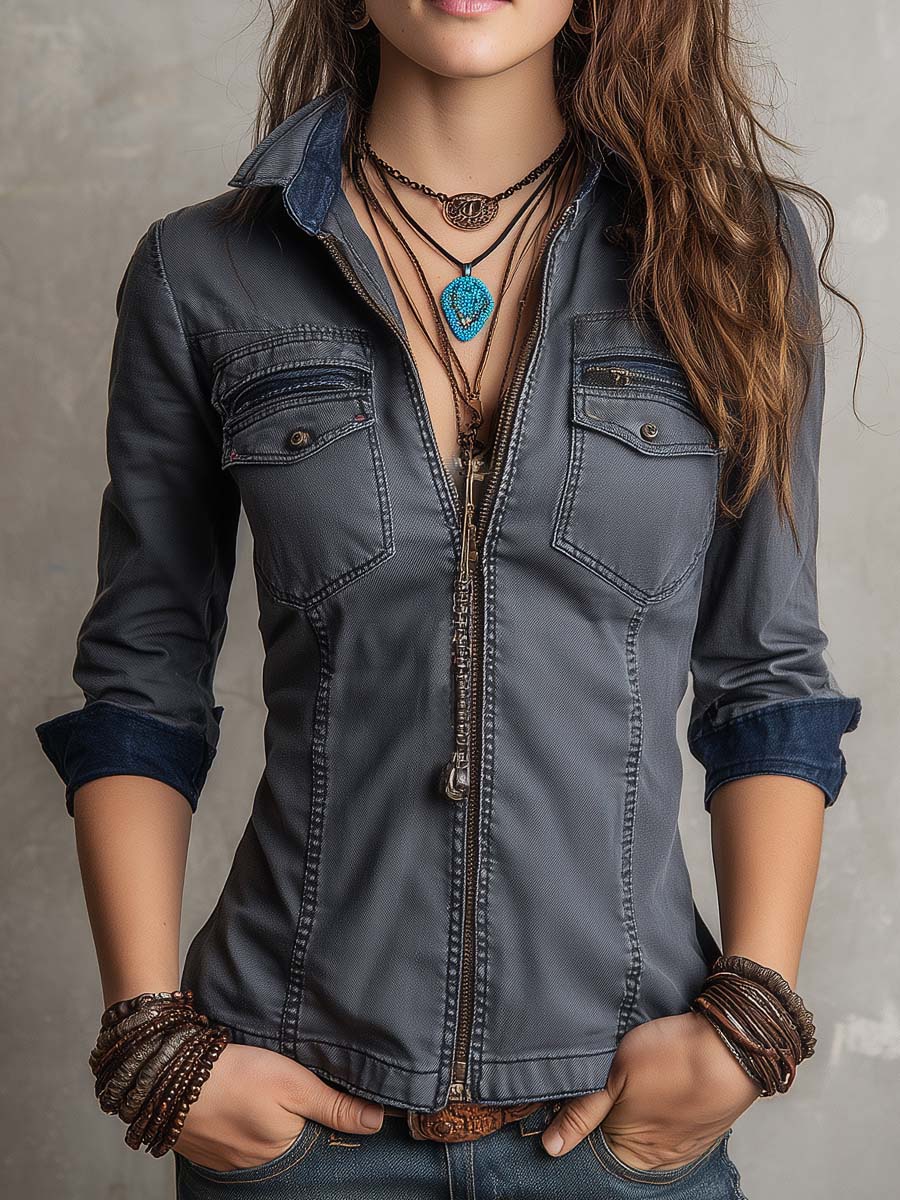 Vintage Washed Zip-up Long-sleeved Denim Shirt