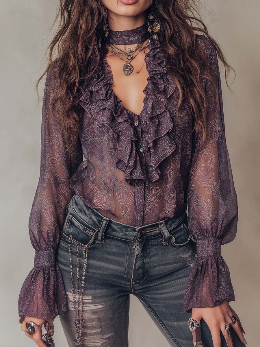 Vintage Paisley Print Ruffled Collar Chiffon Blouse