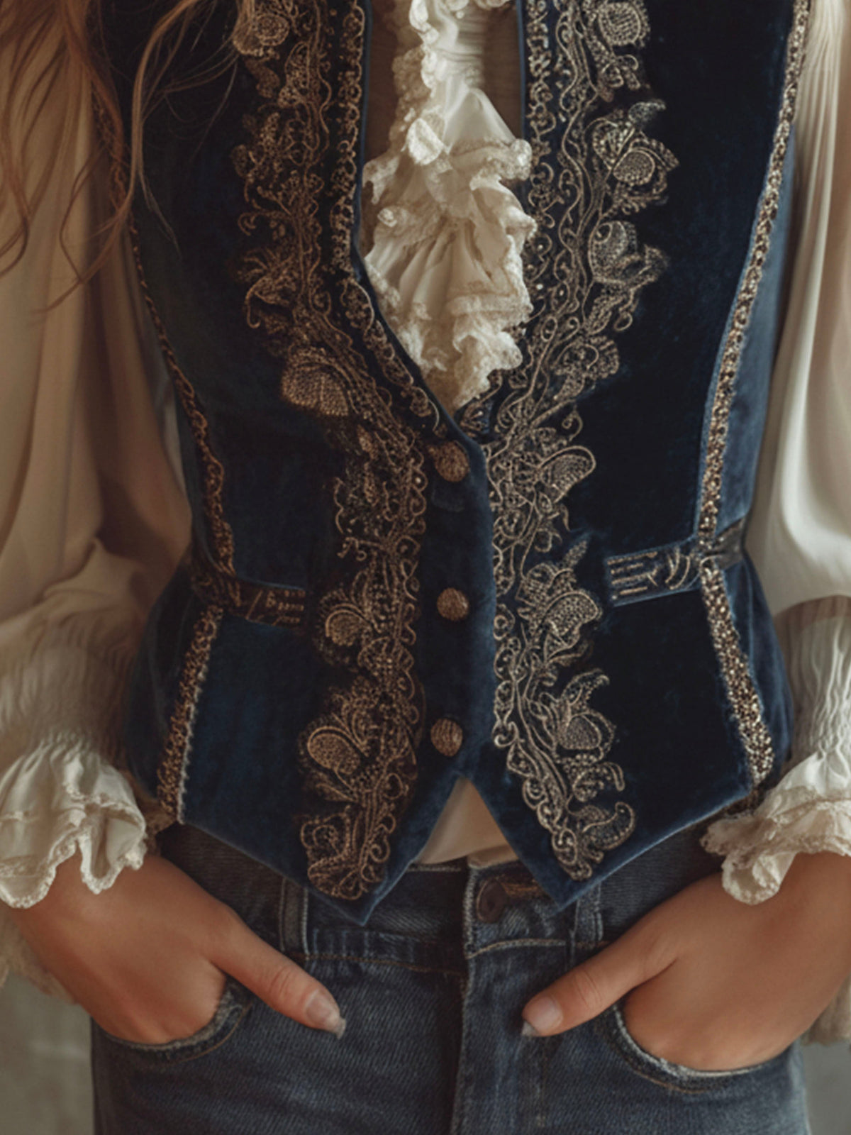 Vintage Baroque Navy Blue Velvet Embroidered Vest