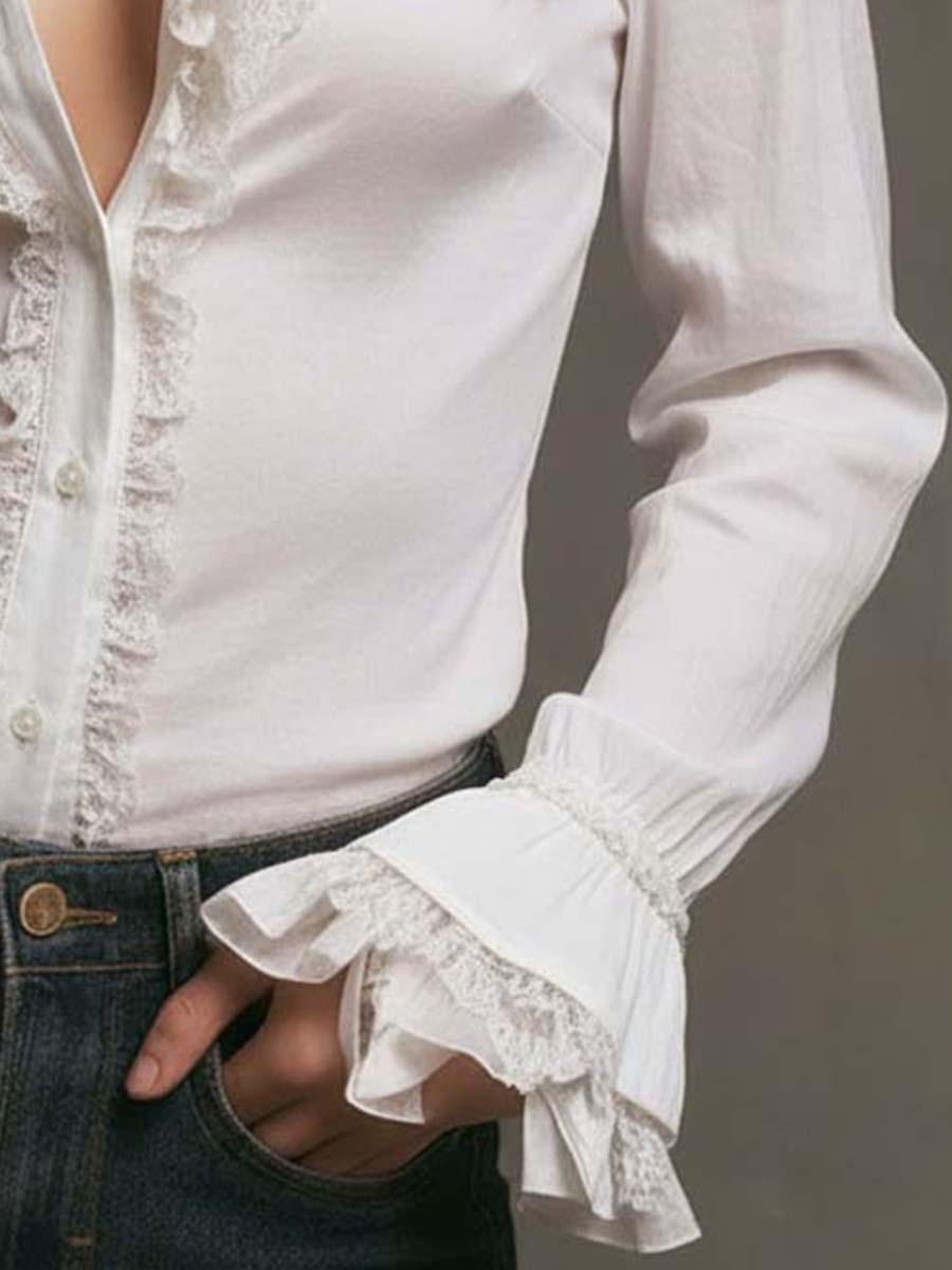 White Ruffled Lace Trim Blouse