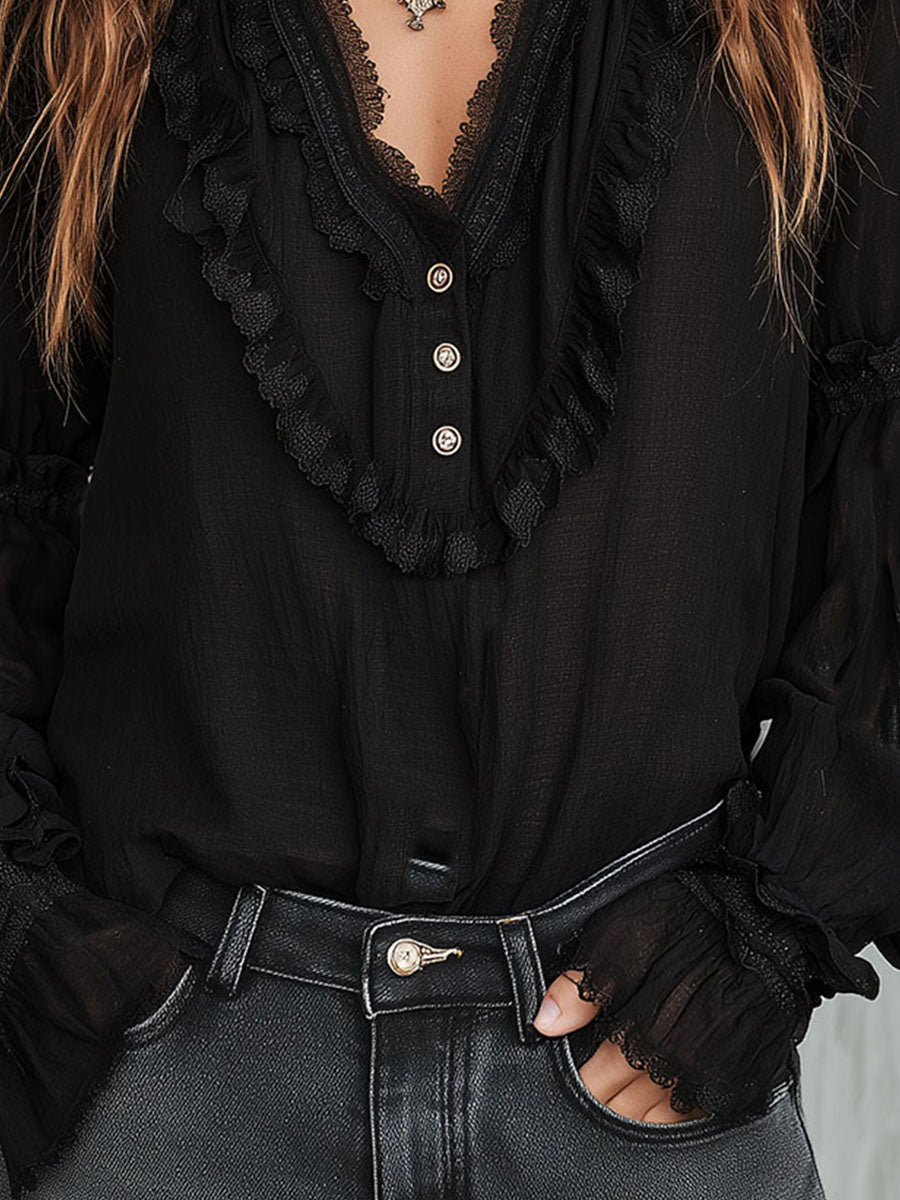 Vintage Black Ruffle Long Sleeve Blouse With Lace Trim
