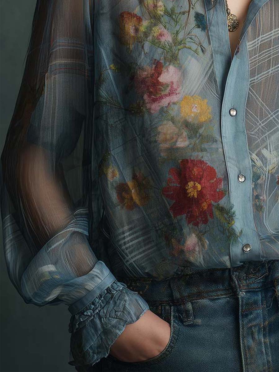 Vintage Boho Sheer Floral Button-Up Blouse