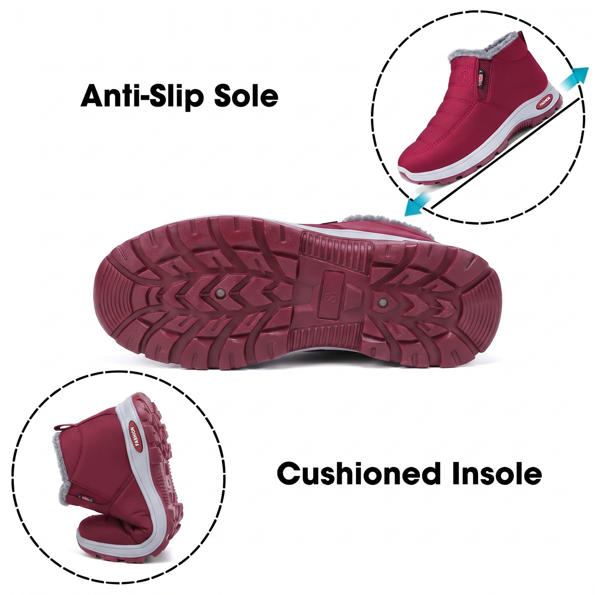 Elia - Quilted Waterproof Slip-On Ankle Boots Dark Red