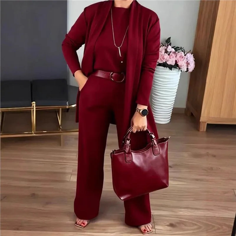 NORELLA™ | Evanna Set with Basic T-Shirt, Long Cardigan & Straight-Leg Pants