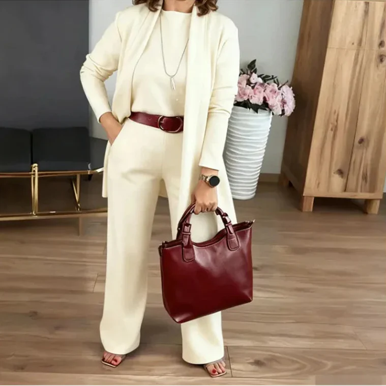 NORELLA™ | Evanna Set with Basic T-Shirt, Long Cardigan & Straight-Leg Pants