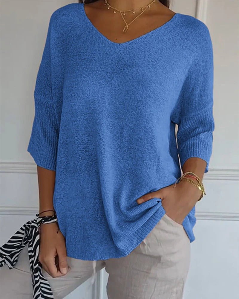 Ellen | Soft Knit 3/4 Sleeve V-neck Pullover Sweater