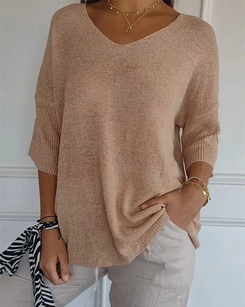 Elena | Soft Knit 3/4 Sleeve V-neck Pullover Sweater
