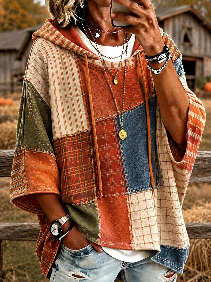 Barley | Rustic Patchwork Cape-Sleeve Hoodie