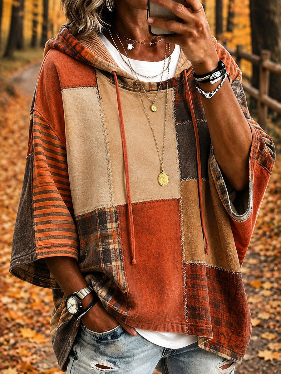 Chestnut | Rust & Tan Patchwork Poncho-Style Hoodie